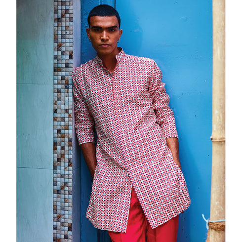 Ivory Geometric Shirt Style Kurta Teamed With Pants